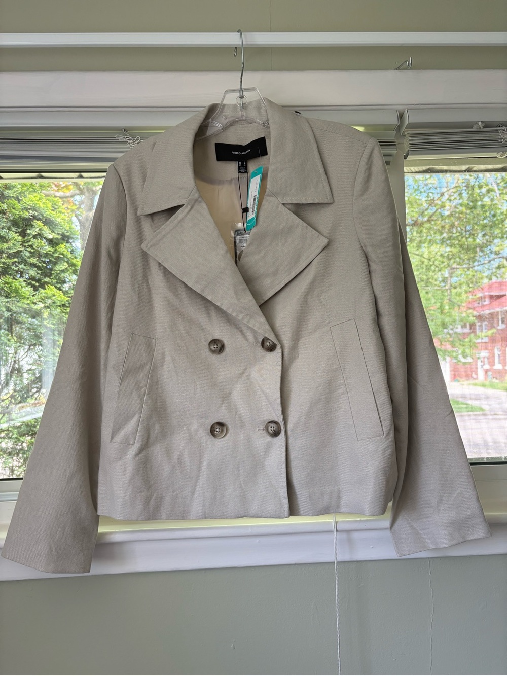 Vero Moda Beige Double-Breasted Cropped Pea Coat